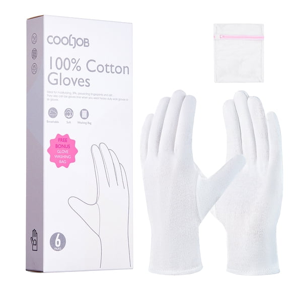 COOLJOB 6 Pairs White Moisturizing Cotton Gloves for Dry Hands & Eczema, Overnight Lotion, Sleep Spa Treatment for Women & Men, Breathable Work Glove Liners, Small Size