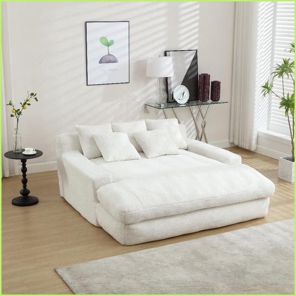 COOLMORE 2-Seater Chenille Lazy Sofa with 5 Back Pillows Deep Seat Living Room Couch, No Assembly | White | Chenille | Cushion Back