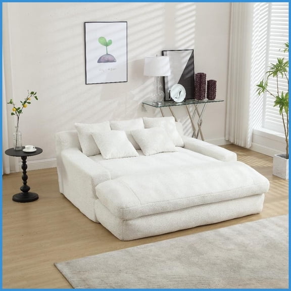 COOLMORE Chenille 2-Seater Lazy Sofa with 5 Back Pillows Soft Deep Seat Living Room Couch (White)