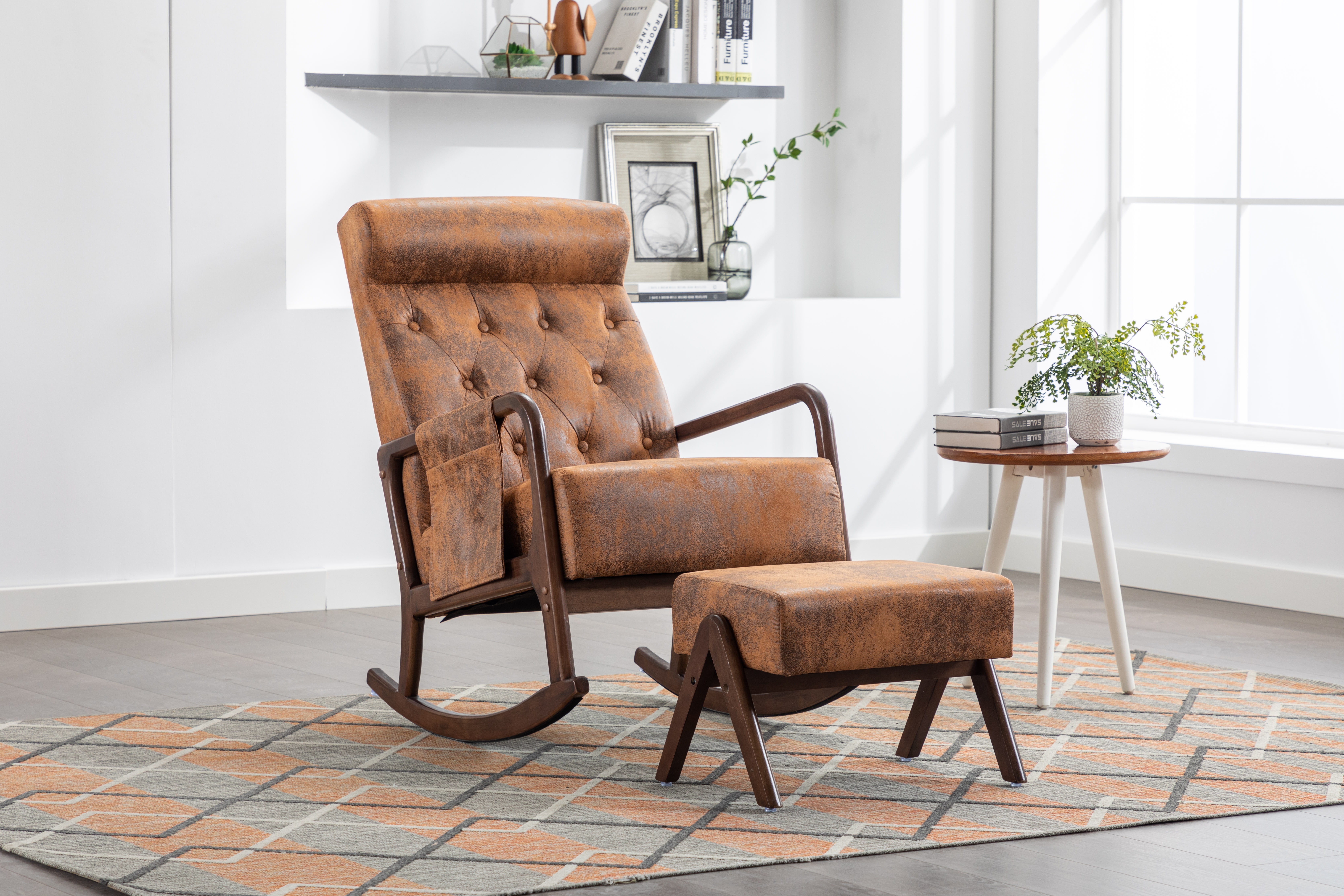 COOLMORE Mid-Century Modern Rocking Chair with Ottoman - Upholstered ...