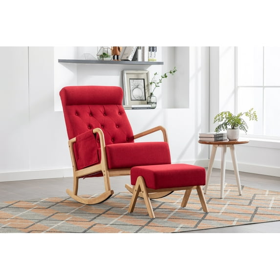 COOLMORE Mid-Century Modern Rocking Chair with Ottoman - Upholstered Fabric Rocking Armchair for Living Room, Nursery - 25.59" x 33.46" x 37.01" (Solid Wood)