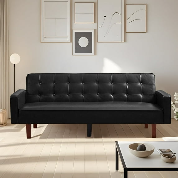 Sxbhfuj Faux Leather Deep Seat Sofa, Upholstered 3-Seater Sleeper Couch, Convertible Sofa with Adjustable Backrest for Small Spaces Living Room Home, Black