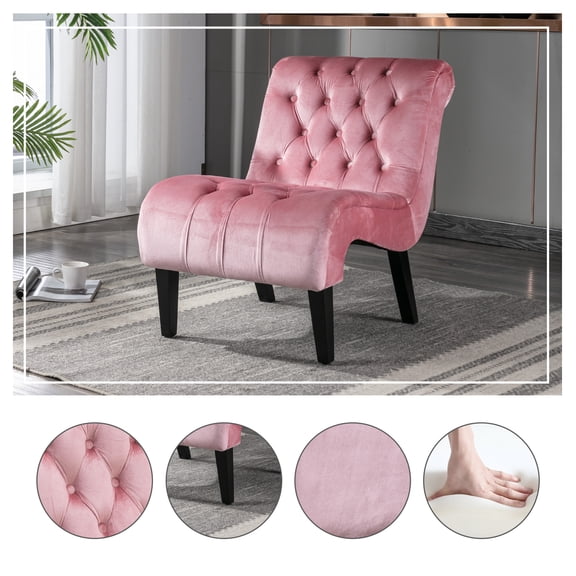 COOLMORE Modern Armless Accent Living Room Chair / Leisure Chair,Upholstered Fabric Button Comfortable Chair with Wooden Legs for Bedroom, Living Room, Office (Pink )
