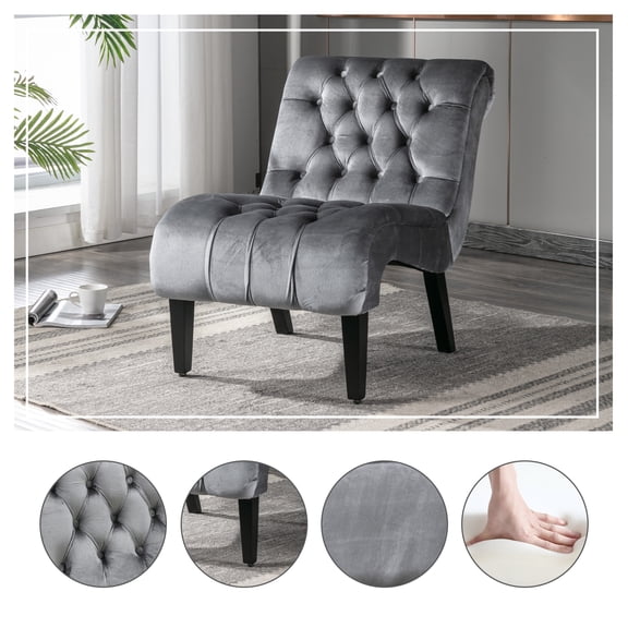 COOLMORE Modern Armless Accent Living Room Chair / Leisure Chair,Upholstered Fabric Button Comfortable Chair with Wooden Legs for Bedroom, Living Room, Office (Silver )