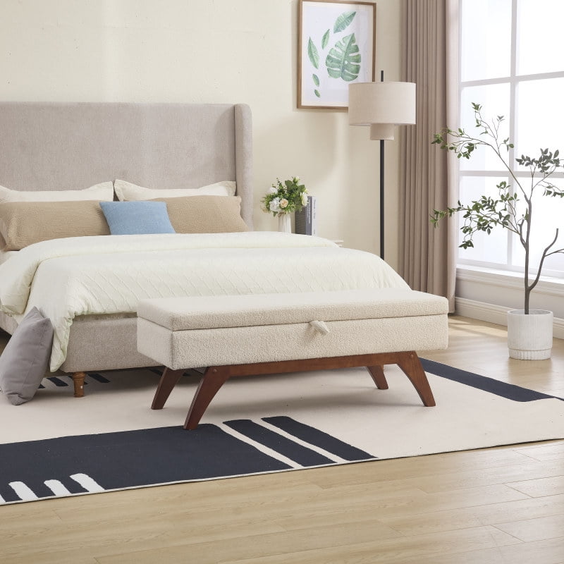 COOLMORE Storage Bed End Stool - Teddy Wool Upholstered with Solid Wood ...