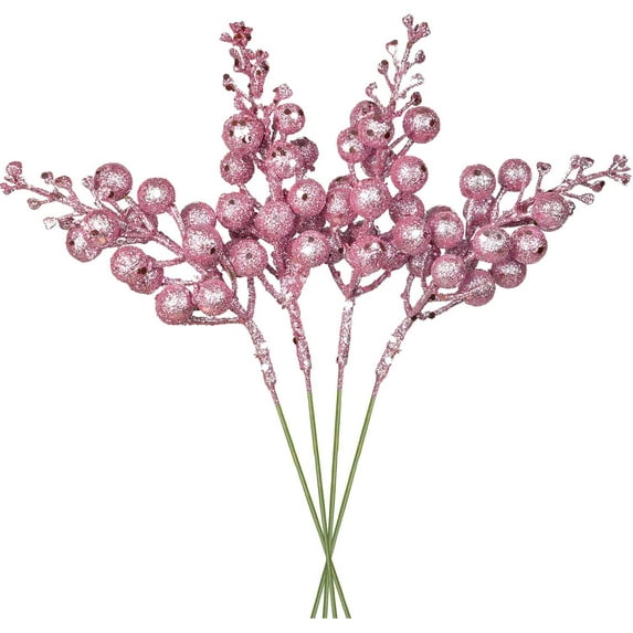 DEFNES 15 Pack Christmas Glitter Berries Stems, 7.8Inch Artificial Christmas Picks, for Christmas Tree Ornaments, DIY Xmas Wreath, Crafts, Holiday and Home Decor (Pink)
