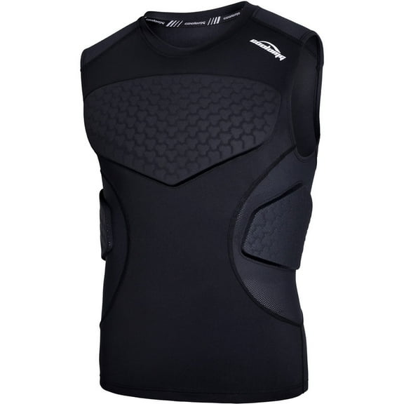 COOLOMG Mens Padded Football Shirt Rib Chest Protector Compression Undershirt Rugby Lacrosse Back Protection Black S