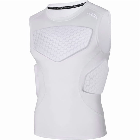 COOLOMG Mens Padded Football Shirt Rib Chest Protector Compression Undershirt Rugby Lacrosse Back Protection White S