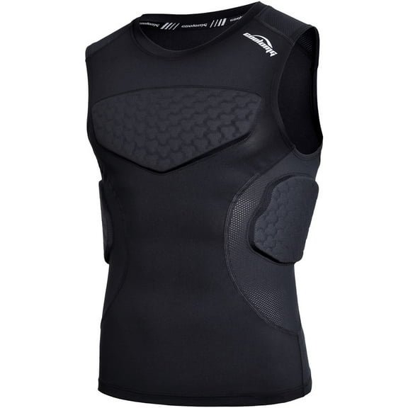 COOLOMG Youth Padded Football Shirt Rib Chest Protector Compression Undershirt Rugby Lacrosse Back Protection Black M