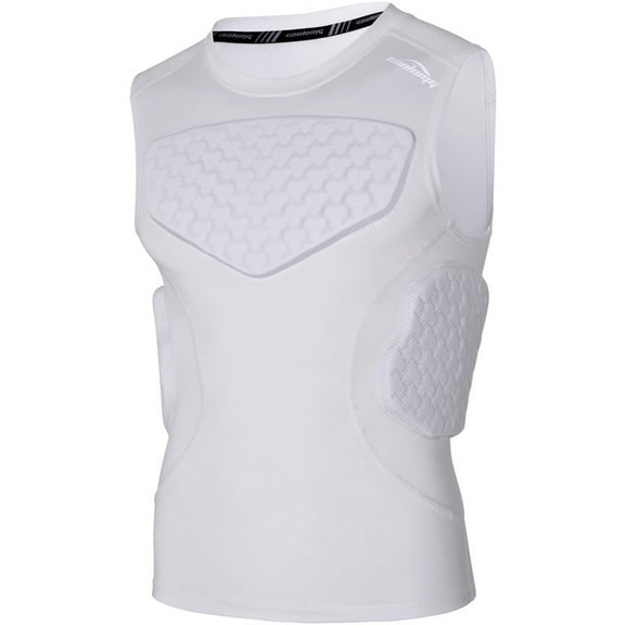 COOLOMG Youth Padded Football Shirt Rib Chest Protector Compression Undershirt Rugby Lacrosse Back Protection White XL