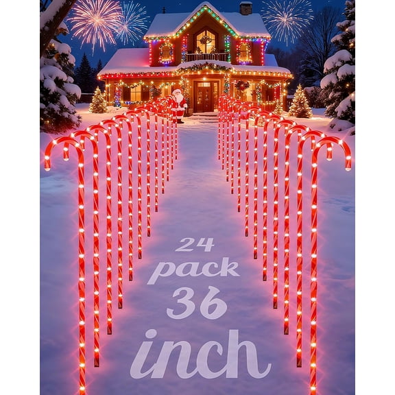 COOLWUFAN 36" Candy Cane Christmas Decorations, 24 Pack Giant Candy Cane Lights, Outdoor Pathway Markers Lights for Xmas Holiday Walkway Patio Garden Yard Lawn$$