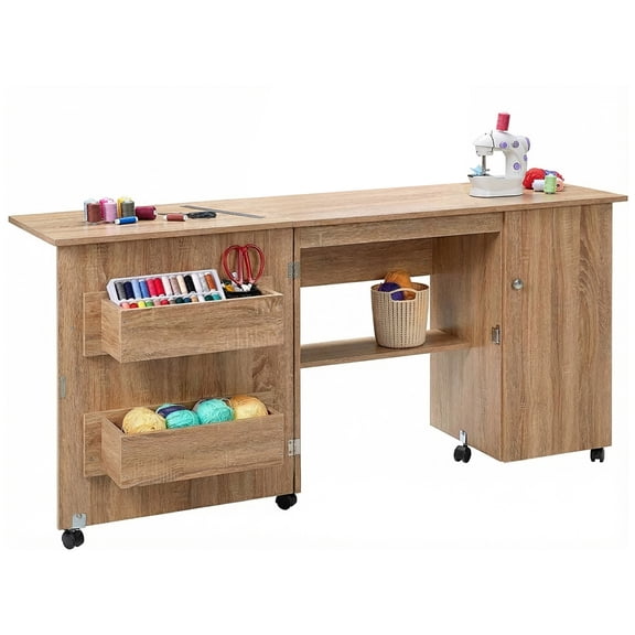 COOLYI Folding Sewing Table with Storage Shelves, Trays & Magnetic Locks - Sewing Machine Desk for Office Use - Lockable Wheels - Multipurpose Craft Workstation - Yellow