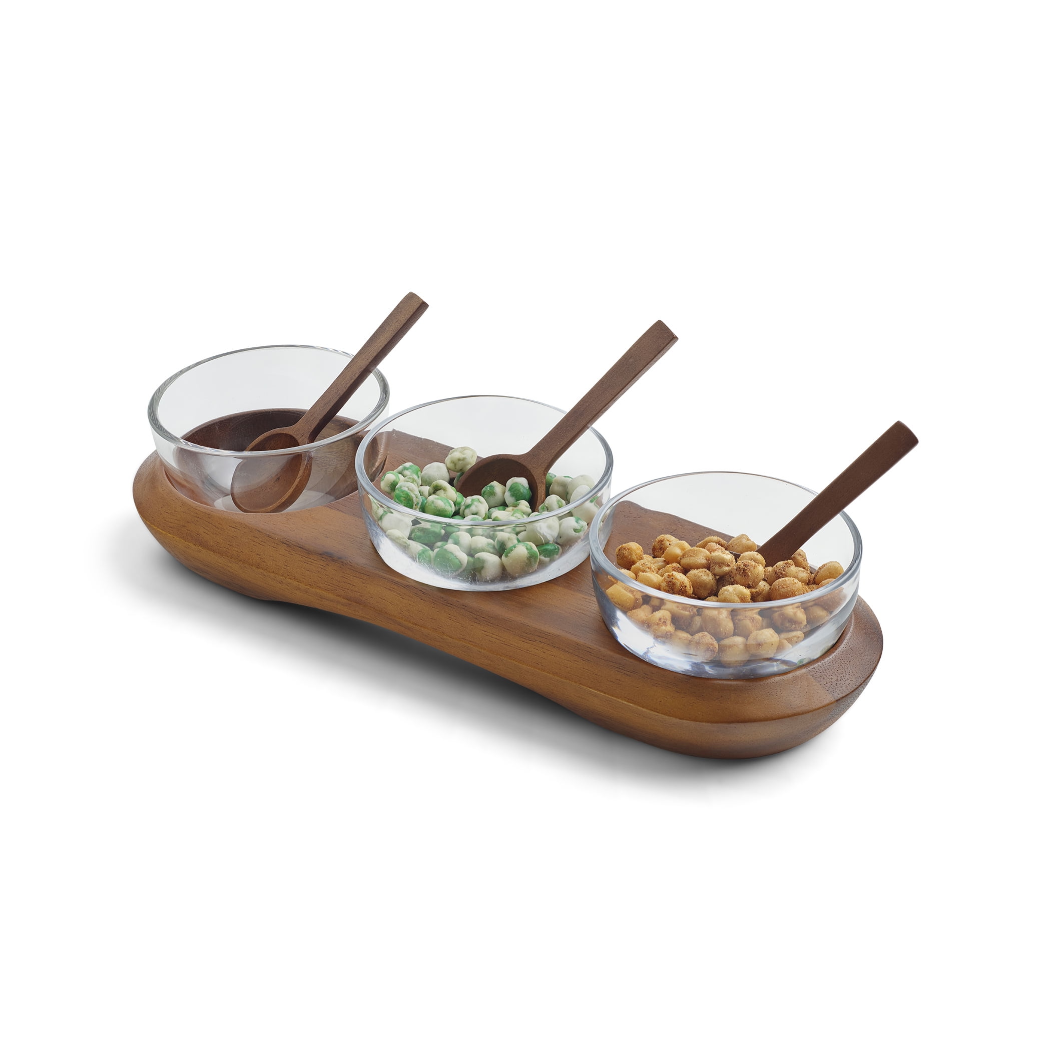 Acacia Wood and Glass Triple Condiment Server with Spoons