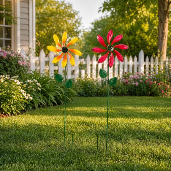 COOPHYA 2-Pack Metal Flower Windmill Stakes for Outdoor Garden and Patio Decor with Rotating Iron Art Design