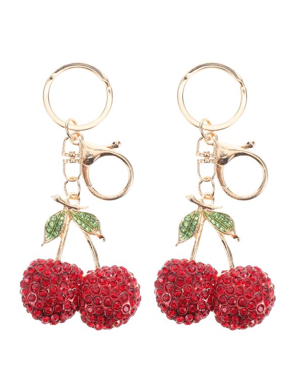 2Pcs Sparkling Red Cherry Keychain with Zinc Alloy and Rhinestones for Stylish Bag Decoration