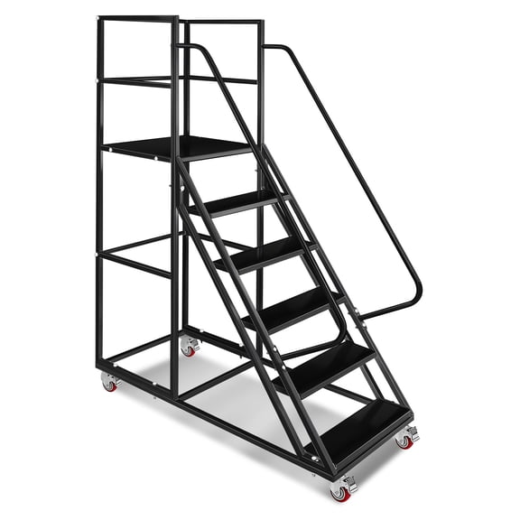 COOPHYA 6 Step Rolling Ladder, Metal with Work Platform, Handrails & Wheels, 1213 lbs Capacity, 4.27ft Tall, Black