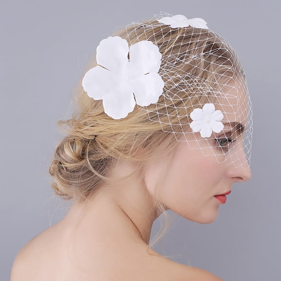 COOPHYA Elegant White Covered Face Veil with Handmade Flower Details for Bridal and Outdoor Use
