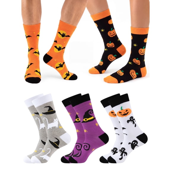 COOPLUES Halloween Socks for Men , 5 Pairs Bats Pumpkins Ghosts Print, Colorful Pattern Crazy Novelty Cute