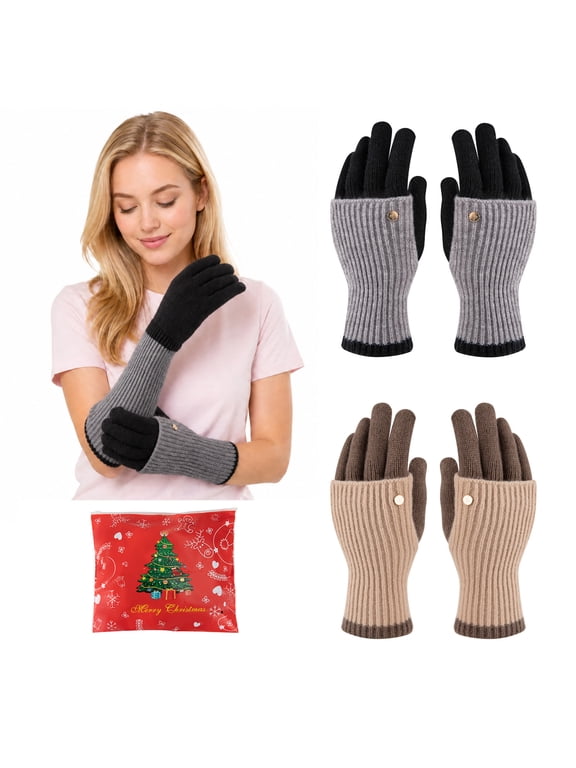 2 Pairs Women's Winter Gloves Warm Cutout Touch Screen Thermal Stretchy Knitted Gloves for Cold Weather