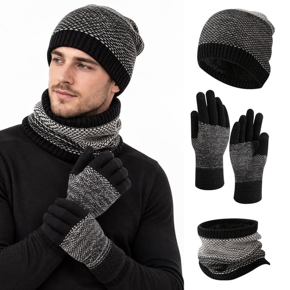 COOPLUS 3-in-1 Men Winter Warm Knit Set, Black Heather Beanie, Neck Gaiter & Touchscreen Gloves, Fleece Lined