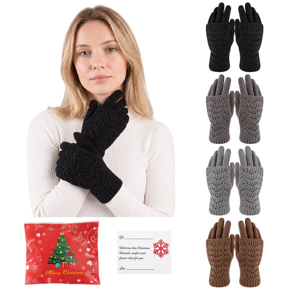 COOPLUS 4 Pairs Women's Winter Gloves Warm Hollow Knit Thermal Stretchy Knitted Mittens for Cold Weather