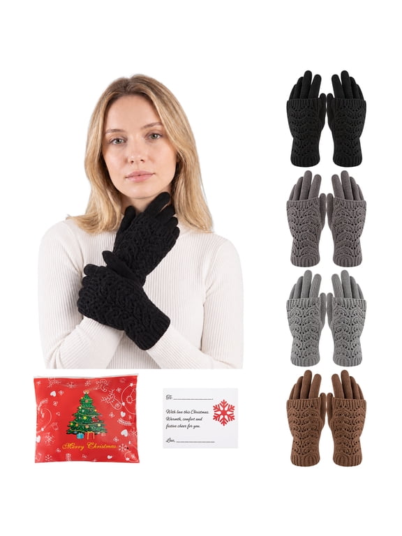 4 Pairs Women's Winter Gloves Warm Hollow Knit Thermal Stretchy Knitted Mittens for Cold Weather
