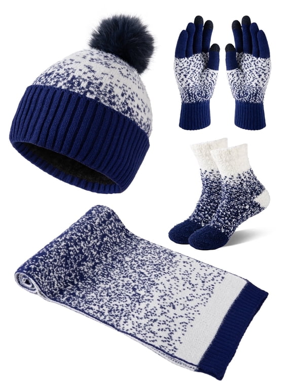 4 Pcs Women Winter Hat Scarf Gloves Socks Set Knitted Beanie Cap Touchscreen Gloves Long Neck Warmer Set with Warm Floor Socks for Women
