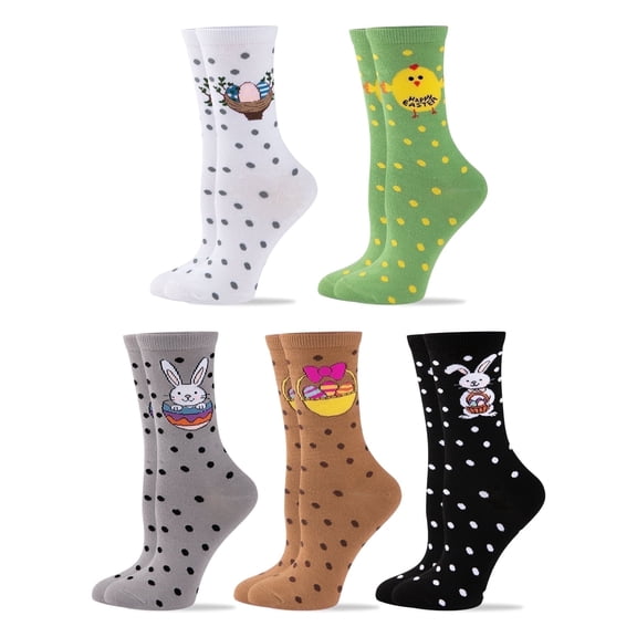 COOPLUS 5 Pairs Funny Crew Socks for Women Novelty Rabbit Egg Chick Cute Pattern Socks for Gift