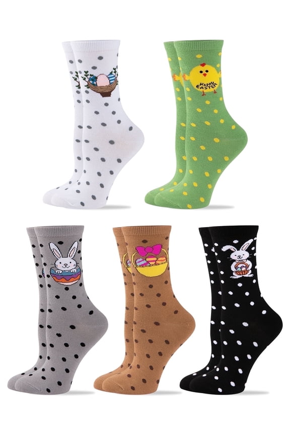 5 Pairs Easter Crew Socks for Women Novelty Rabbit Egg Chick Pattern Socks for Gift