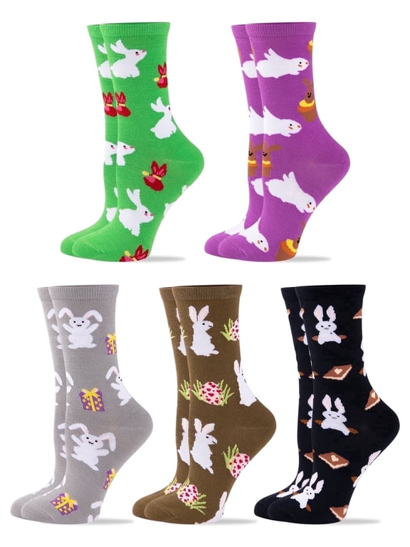 5 Pairs Funny Crew Socks for Women Novelty Rabbit Egg Cute Pattern Socks for Gift