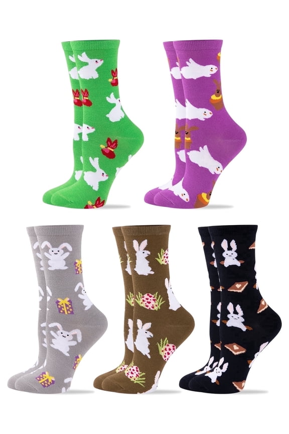 5 Pairs Funny Crew Socks for Women Novelty Rabbit Egg Cute Pattern Socks for Gift