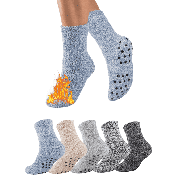 COOPLUS 5 Pairs Mens Fuzzy Winter Socks with Grips Non-Slip Plush Socks Warm Fluffy Anti-Skid Cozy Socks for Men