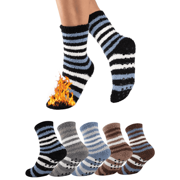 COOPLUS 5 Pairs Mens Fuzzy Winter Socks with Grips Non-Slip Plush Socks Warm Fluffy Anti-Skid Cozy Socks for Men