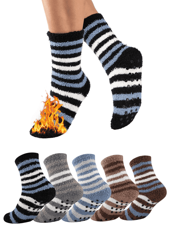 5 Pairs Mens Fuzzy Winter Socks with Grips Non-Slip Plush Socks Warm Fluffy Anti-Skid Cozy Socks for Men