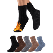 COOPLUS 5 Pairs Mens Fuzzy Winter Socks with Grips Non-Slip Plush Socks Warm Fluffy Anti-Skid Cozy Socks for Men