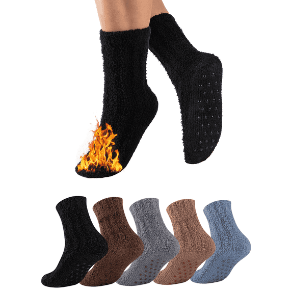 COOPLUS 5 Pairs Mens Fuzzy Winter Socks with Grips Non-Slip Plush Socks Warm Fluffy Anti-Skid Cozy Socks for Men