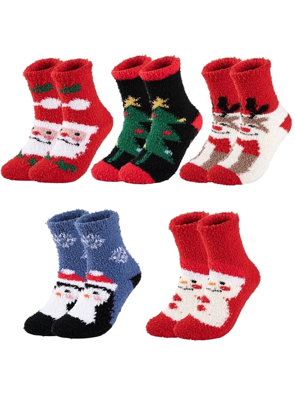 Mens Christmas Plush Fleece Socks with Non-Slip Grips Warm Cozy Winter Socks 5 Pairs