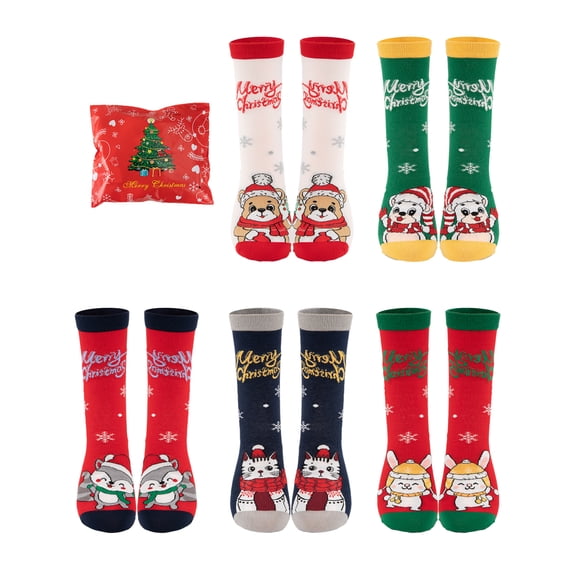 COOPLUS 5 Pairs Women Christmas Socks Cute Cat Dog Pattern Soft Cotton Stretchy Crew Socks Xmas Holiday Socks