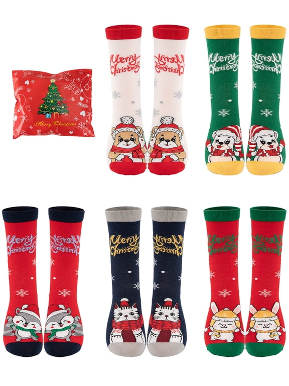5 Pairs Women Christmas Socks Cute Cat Dog Pattern Soft Cotton Stretchy Crew Socks Xmas Holiday Socks
