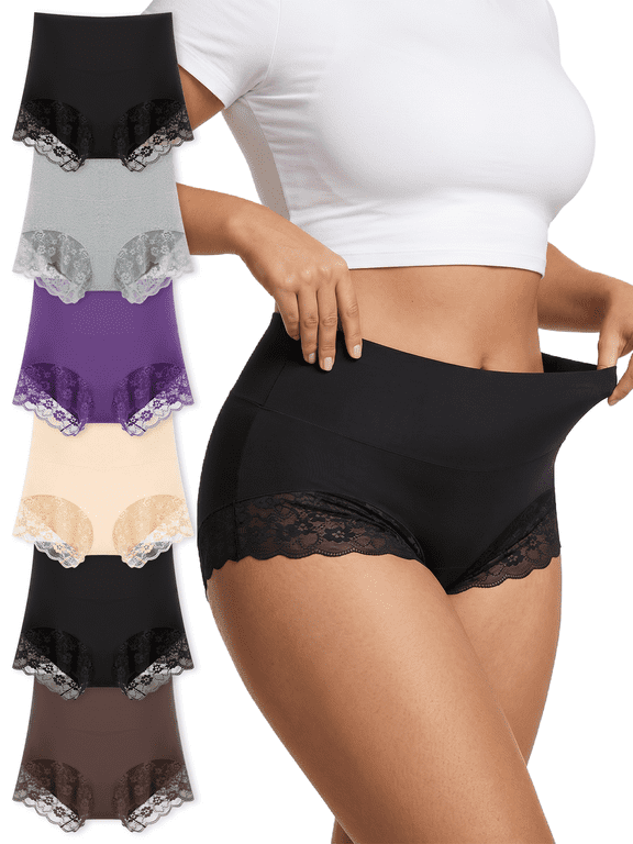 6 Pack Womens Underwear High Waisted Lace Boxer Briefs Soft Full Coverage Panties for Women M-XXL