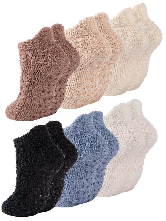 6 Pairs Womens Fuzzy Socks with Grips Winter Warm Soft Fluffy Indoor Slipper Socks for Women