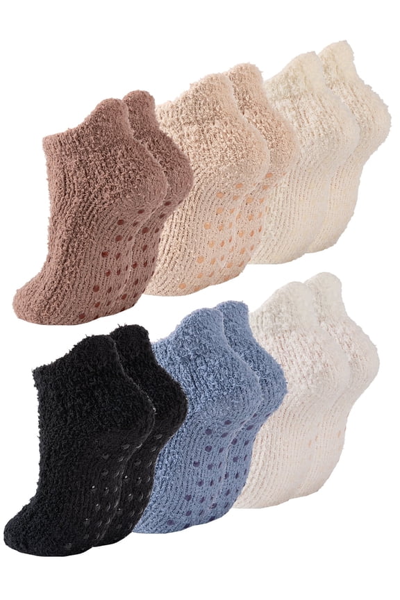 6 Pairs Womens Fuzzy Socks with Grips Winter Warm Soft Fluffy Indoor Slipper Socks for Women