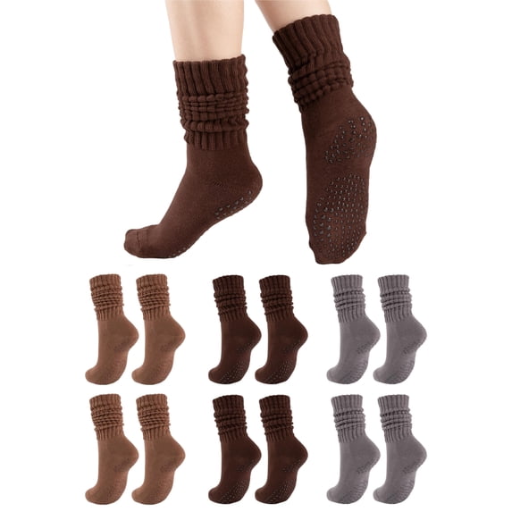 COOPLUS 6 Pairs Womens Scrunch Slouch Socks with Non-Slip Grips, Cushion Moisture Wicking Crew Socks for Yoga Pilates Barre