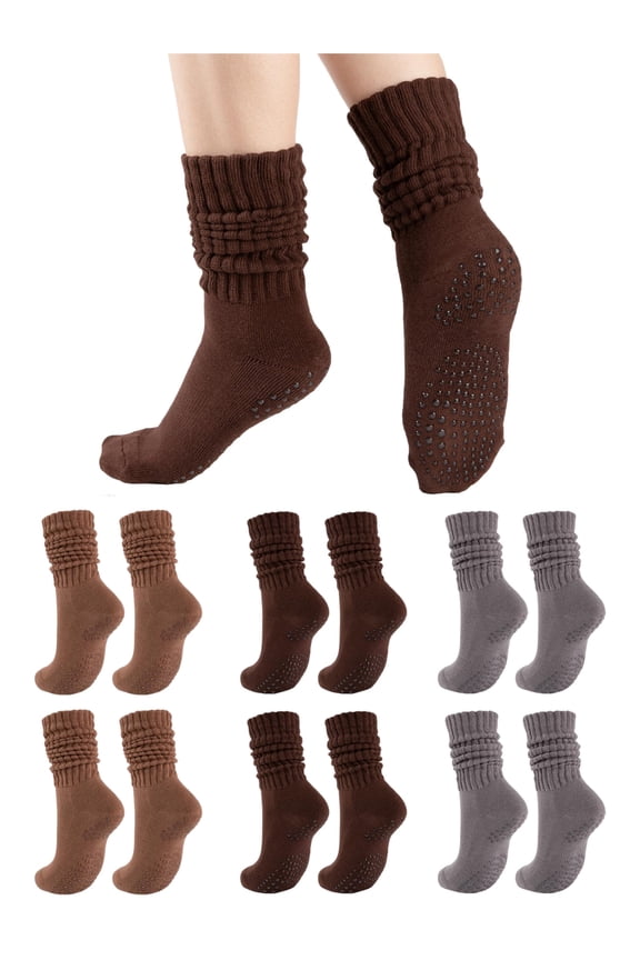 6 Pairs Womens Scrunch Slouch Socks with Non-Slip Grips, Cushion Moisture Wicking Crew Socks for Yoga Pilates Barre