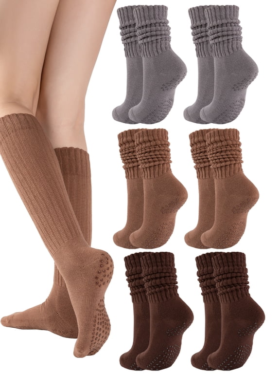 6 Pairs Womens Scrunch Slouch Socks with Non-Slip Grips, Cushion Moisture Wicking Crew Socks for Yoga Pilates Barre