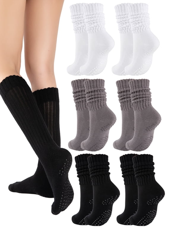 6 Pairs Womens Scrunch Slouch Socks with Non-Slip Grips, Cushion Moisture Wicking Crew Socks for Yoga Pilates Barre
