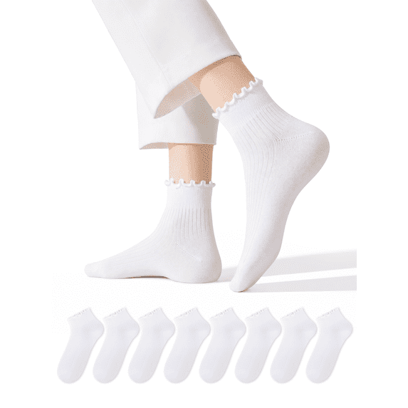 COOPLUS 8 Pairs Ruffle Socks for Women, Frilly Edge Quater Cute Socks for Daily Wear