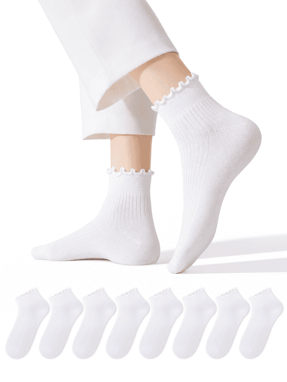 8 Pairs Ruffle Socks for Women, Frilly Edge Quater Cute Socks for Daily Wear