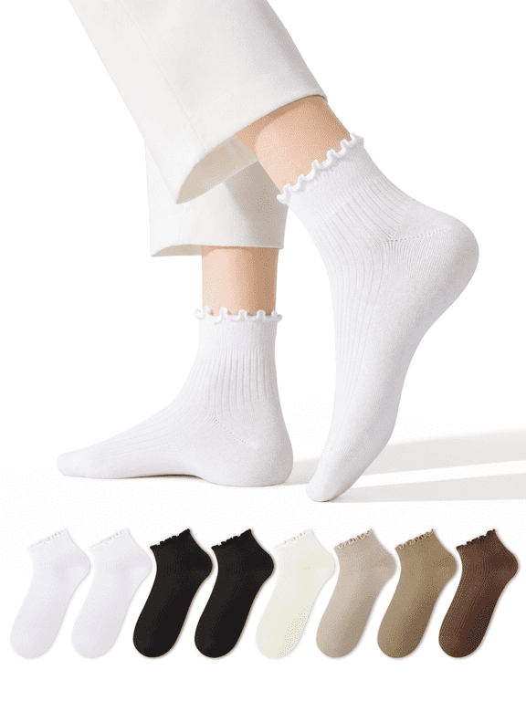 8 Pairs Ruffle Socks for Women, Frilly Edge Quater Cute Socks for Daily Wear