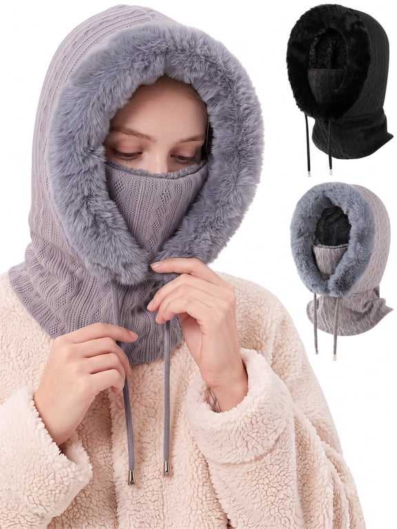 Balaclava Women 3 in 1 Knit Fleece Winter Ski Mask Windproof Drawstring Hood Scarf Face Cover Hat Multi Colors